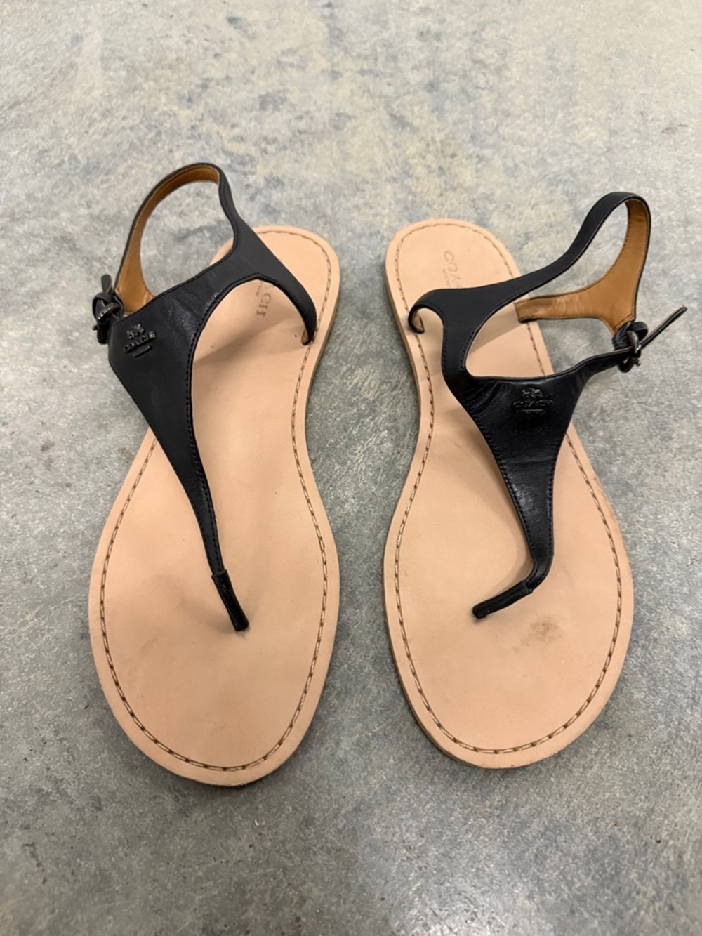 Coach Black Leather T-Strap Sandals with Natural Footbed